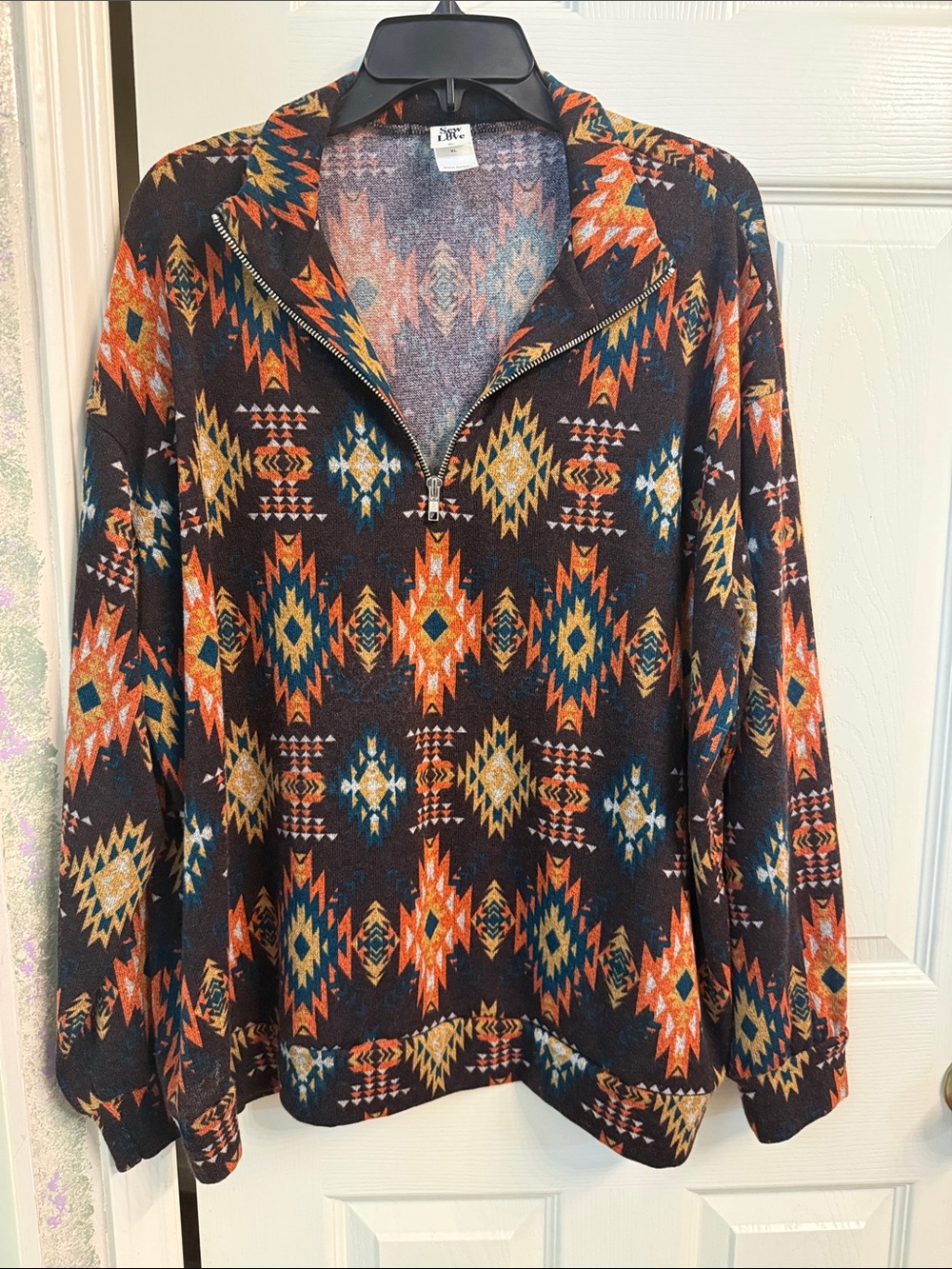 Women’s Half-Zip Aztec Pattern Pullover Sweater - Black with Orange & Teal